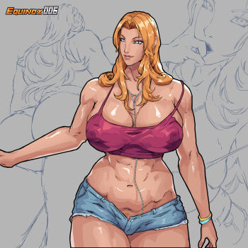 1girl absurdres artist_name bare_shoulders bleach blue_eyes bracelet breasts chain chain_necklace collarbone equinox female_focus female_pubic_hair highres jeans_shorts jewelry large_breasts matsumoto_rangiku mole mole_under_mouth necklace no_panties orange_hair orange_pubic_hair pubic_hair shiny_skin short_shorts shorts standing