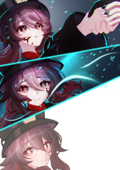 1girl absurdres amaneiru black_hat black_nails black_shorts blood blood_on_face brown_eyes brown_hair brown_jacket commentary_request flower-shaped_pupils genshin_impact hat highres hu_tao_(genshin_impact) jacket jewelry long_hair long_sleeves looking_at_viewer multiple_rings multiple_views nail_polish ring scene_reference short_shorts shorts smile symbol-shaped_pupils twintails twitter_username very_long_hair