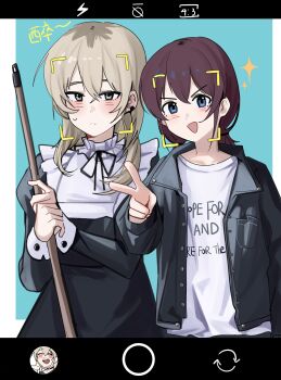 2girls :&lt; absurdres alcohol beer black_jacket black_ribbon blue_hair blush border chinese_commentary closed_mouth clothes_writing commentary_request earclip facial_recognition foam_mustache girls_band_cry haidao_mao hair_between_eyes highres iseri_nina jacket juliet_sleeves kawaragi_momoka long_hair long_sleeves low_twintails maid multicolored_hair multiple_girls neck_ribbon open_mouth outside_border puffy_sleeves ribbon roots_(hair) shirt short_hair short_twintails sidelocks sparkle sweatdrop translation_request twintails v viewfinder white_background white_border white_shirt