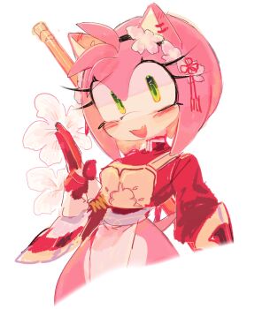 1girl amy_rose animal_ears animal_nose black_hairband breasts commentary cropped_legs dress eyelashes flower flower_hairband furry furry_female gloves green_eyes hairband hand_up hedgehog_girl highres looking_at_viewer open_mouth pink_fur red_dress red_gloves smile solo sonic_(series) symbol-only_commentary tail usa37107692 white_background