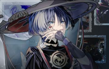 Rule 34 | 1boy, :p, armor, asrhion, black bodysuit, black kimono, black sleeves, blood, blood on face, blue eyes, blunt ends, bodysuit, commentary request, covered collarbone, genshin impact, gold, gold trim, grey veil, hand on own face, hat, highres, japanese armor, japanese clothes, jewelry, jingasa, juban, kimono, kote, kurokote, layered sleeves, looking at viewer, male focus, neck ring, open clothes, open hand, open kimono, picture frame, portrait, portrait (object), purple hair, purple rope, purple sleeves, red hat, red kimono, rope, scaramouche (genshin impact), shimenawa, single sode, solo, tongue, tongue out, tsurime, twitter username, veil, watermark, white kimono, white rope, wispy bangs