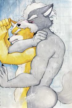 2boys anal animal_ears artist_name ass head_biting claws closed_eyes commentary completely_nude english_commentary fang fox_boy fox_ears fox_mccloud from_side furry furry_male furry_with_furry headlock highres male_focus multiple_boys nintendo nude open_mouth profile scar scar_across_eyebrow scar_on_face shower_(place) showering star_fox tail traditional_media ulala_ko wolf_boy wolf_ears wolf_o&#039;donnell wolf_tail yaoi