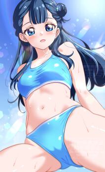 1girl blue_buruma blue_eyes blue_hair blue_sky blue_sports_bra blush breasts buruma collarbone day hair_bun highres hugtto!_precure kakikakilemon long_hair looking_at_viewer navel open_mouth outdoors precure sky small_breasts smile solo sports_bra sportswear sweat yakushiji_saaya