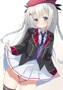 1girl absurdres aqua_eyes black_jacket blazer blue_necktie blush bow braid character_request choppy_bangs closed_mouth clothes_lift collared_shirt colored_lapels commentary_request copyright_request cowboy_shot crotch_seam diagonal-striped_clothes diagonal-striped_necktie flashing grey_background grey_hair hair_ornament hat heart heart_hair_ornament highres jacket lapels long_hair long_sleeves necktie open_clothes open_jacket panties pink_panties pleated_skirt purple_vest red_bow red_hat school_uniform shirt skirt skirt_lift smile solo standing striped_clothes takepoison twin_braids underwear very_long_hair vest white_shirt white_skirt wing_collar