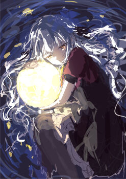 1girl absurdres bang_dream! bang_dream!_it&#039;s_mygo!!!!! blue_hair commentary grey_pantyhose highres latte_bf long_hair lying oblivionis_(bang_dream!) on_side open_mouth orb pantyhose partially_submerged red_shirt shirt solo togawa_sakiko yellow_eyes