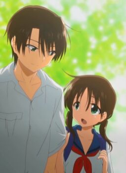 1boy 1girl anime_screenshot backpack bag brother_and_sister brown_hair green_eyes height_difference highres open_mouth outdoors oyasumi_sex school_uniform serafuku shirt short_hair siblings standing stitched third-party_edit tsukioka_yui twintails white_shirt