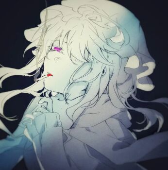 1girl cigarette clothing_request collarbone commentary dark_background dated_commentary hair_over_one_eye hat long_hair long_sleeves maribel_hearn mob_cap oriharareimu purple_eyes sidelocks sleeves_past_wrists smoking solo spot_color touhou