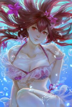 1girl air_bubble bikini bracelet breasts brown_hair bubble cleavage closed_mouth collarbone commentary_request fate/grand_order fate_(series) floating_hair flower highres jewelry long_hair looking_at_viewer pink_bikini pink_flower red_eyes renrenka_noi scathach_(fate) scathach_skadi_(fate) scathach_skadi_(swimsuit_ruler)_(first_ascension)_(fate) signature solo swimsuit underwater
