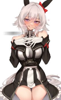 1girl :p :q absurdres animal_ears bare_shoulders blush bow breasts commentary covered_collarbone cowboy_shot curren_chan_(fille_eclair)_(umamusume) curren_chan_(umamusume) cutout_eyelashes dress ear_bow ear_covers english_commentary gloves grey_hair grey_tail hair_between_eyes hair_bow hands_on_own_chest hands_up head_tilt highres horse_ears horse_girl horse_tail large_breasts long_sleeves looking_at_viewer medium_breasts off_shoulder purple_eyes red_bow sitting smile solo straight-on tail thigh_gap thighs tongue tongue_out umamusume white_gloves xkittyzx