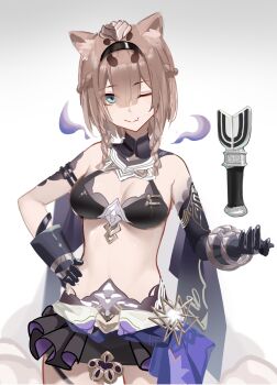 1girl ;) absurdres animal_ear_fluff animal_ears bikini black_bikini black_gloves black_shorts blunt_bangs breasts brown_hair bu_zhengjing_de_xiao_xingxing cat_ears cat_girl chinese_commentary cleavage commentary_request gloves green_eyes highres honkai_(series) honkai_impact_3rd looking_at_viewer medium_breasts one_eye_closed pardofelis pardofelis_(reverist_calico) short_hair shorts simple_background smile solo stomach swimsuit