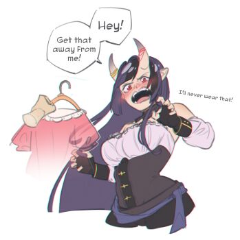 1girl 1other captain_hannah disembodied_hand english_text highres horns indie_virtual_youtuber long_hair off_shoulder pirate pirate_costume pointy_ears purple_hair red_eyes simple_background very_long_hair virtual_youtuber white_background yoruny