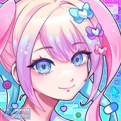 Rule 34 | 1girl, blonde hair, blue eyes, blue hair, bow, chouzetsusaikawa tenshi-chan, closed mouth, commentary, cursor, emoji, eyeshadow, hair bow, highres, long hair, looking at viewer, makeup, multicolored hair, needy girl overdose, pill, pink eyeshadow, pink hair, portrait, sign, signature, smile, solo, symbol-only commentary, warning sign, xenvita