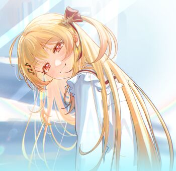 1girl ahoge azusamaru blonde_hair commentary_request fortissimo frills hair_ornament hair_ribbon head_tilt highres hololive hololive_dev_is light_rays long_hair looking_at_viewer musical_note musical_note_hair_ornament one_side_up otonose_kanade red_eyes red_ribbon ribbon shirt smile solo white_shirt