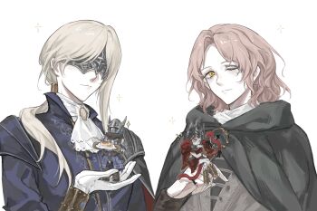 2boys 2girls absurdres animal armor ascot blindfold blonde_hair brooch brother_and_sister brown_dress brown_eyes cape carrying carrying_person closed_mouth commentary covered_eyes dress duchess elden_ring elden_ring_nightreign english_commentary food full_armor gloves green_cape helmet highres holding holding_plate hood hood_down hooded_cape jellyfishvirus jewelry long_hair long_sleeves looking_at_another melina_(elden_ring) messmer_the_impaler mini_person miniboy multiple_boys multiple_girls one_eye_closed plate ponytail red_hair red_snake short_hair siblings sitting size_difference smile snake white_ascot white_gloves winged_helmet wylder_(elden_ring) yellow_eyes