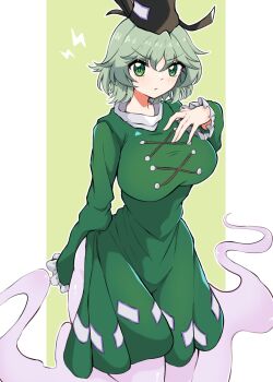 1girl absurdres breasts dress ghost_girl ghost_tail green_background green_dress green_eyes green_hair gurajio hair_between_eyes hand_on_own_chest hat highres japanese_clothes kariginu large_breasts lightning_bolt_symbol looking_at_viewer ofuda ofuda_on_clothes short_hair sidelocks simple_background soga_no_tojiko solo tate_eboshi touhou two-tone_background