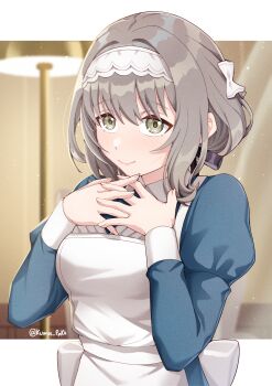 1girl absurdres apron black_ribbon breasts closed_mouth dress gakuen_idolmaster green_dress green_eyes grey_hair hair_ribbon hands_up highres hiwatari_kanae idolmaster kumapako long_sleeves maid maid_headdress medium_breasts own_hands_together puffy_short_sleeves puffy_sleeves ribbon short_hair short_sleeves smile solo twitter_username white_apron