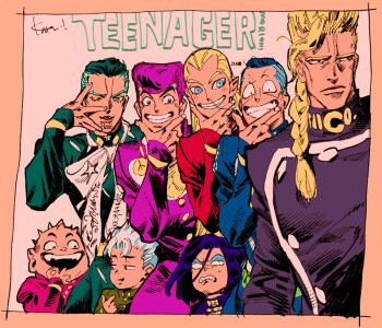 6+boys bandaid bandaid_on_face bandaid_on_nose blonde_hair blue_eyes blue_hair blue_jacket braid braided_ponytail buttons clenched_teeth crest eyelashes fungami_yuya gakuran green_hair green_jacket group_picture hair_between_eyes hair_slicked_back hand_on_own_chin hazamada_toshikazu hazekura_mikitaka higashikata_josuke hirose_koichi jacket jojo_no_kimyou_na_bouken kotteri long_hair looking_at_another looking_at_viewer looking_to_the_side male_focus multiple_boys nijimura_keicho nijimura_okuyasu pink_jacket pompadour purple_hair purple_jacket red_jacket school_uniform short_hair simple_background smile teeth thick_eyebrows upper_body white_hair yangu_shigekiyo