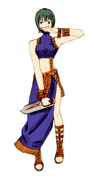 1girl assassin_(fft) blade bracelet celia celia_(cosplay) cosplay dagger dancer_(fft) female_focus final_fantasy final_fantasy_tactics green_hair idolmaster idolmaster_(classic) idolmaster_1 jewelry knife midriff navel otonashi_kotori parody sandals short_hair simple_background solo style_parody weapon zearthp