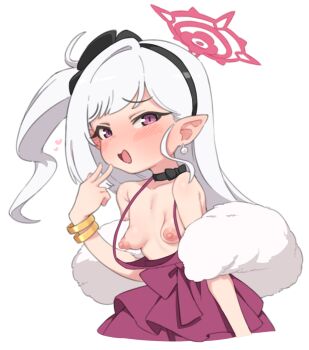 1girl basukechi black_hairband blue_archive bracelet breasts clothes_pull dress dress_pull earrings fur_shawl gold_bracelet hairband halo highres jewelry loli looking_at_viewer mutsuki_(blue_archive) mutsuki_(dress)_(blue_archive) nipples open_mouth pointy_ears purple_eyes red_dress red_halo shawl simple_background sleeveless sleeveless_dress small_breasts solo upper_body white_background