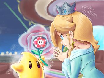 1girl bare_shoulders blonde_hair blue_dress blue_eyes crown dated dress eyelashes flower highres holding holding_flower long_hair long_sleeves luma_(mario) mario_(series) mario_dragon nintendo off-shoulder_dress off_shoulder own_hands_clasped own_hands_together pointed_crown purple_nails rosalina signature silver_crown super_mario_bros._wonder super_mario_galaxy twitter_username wonder_flower