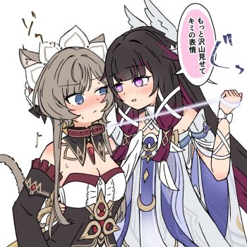225_peke 2girls animal_collar animal_ears belt_collar black_bow black_collar black_dress black_hair black_sleeves blue_eyes blush bonnet bow breasts bright_pupils cat_ears cat_tail collar colored_inner_hair columbina_(genshin_impact) commentary detached_collar detached_sleeves dress frilled_sleeves frills gem genshin_impact hair_bow hand_on_another's_waist kemonomimi_mode leash leash_pull long_hair looking_at_another medium_breasts multicolored_hair multiple_girls nose_blush parted_lips purple_eyes purple_hair purple_streaks red_collar red_gem sandrone_(genshin_impact) short_hair_with_long_locks simple_background speech_bubble streaked_hair sweatdrop tail translation_request unusually_open_eyes upper_body very_long_hair white_background white_bow white_dress white_headdress wrist_bow yuri