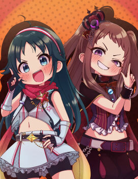 2girls aqua_eyes arm_guards artist_request bare_shoulders bike_shorts bike_shorts_under_skirt blush brown_hair cape crown evil_smile female_focus fingerless_gloves flat_chest forehead gloves green_hair hair_ornament hairband hand_on_own_hip hand_up hands_up happy highres idol idolmaster idolmaster_cinderella_girls index_finger_raised koseki_reina long_hair looking_at_viewer midriff mini_crown multiple_girls namco nanjo_hikaru open_mouth orange_background own_hands_together parted_bangs parted_lips purple_eyes red_scarf scarf showgirl_skirt sidelocks smile thighs tokusatsu twintails v-shaped_eyebrows wrist_cuffs