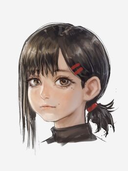 1girl brown_eyes brown_hair chainsaw_man closed_mouth disembodied_head higashiyama_kobeni highres idaero_ace looking_at_viewer mole mole_on_cheek mole_under_eye ponytail short_ponytail simple_background single_sidelock solo white_background