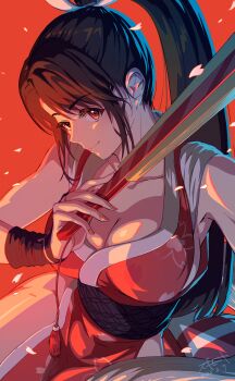 1girl absurdres bare_shoulders breasts brown_eyes brown_hair cleavage fatal_fury folding_fan hand_fan high_ponytail highres japanese_clothes large_breasts long_hair looking_at_viewer ninja pelvic_curtain ponytail revealing_clothes sgmt_proxy shiranui_mai smile solo street_fighter street_fighter_6 the_king_of_fighters
