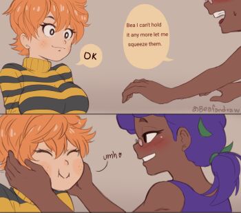 2girls 2koma artist_name bea_(brawl_stars) beafandraw black_shirt blush brawl_stars breasts comic dark-skinned_female dark_skin english_text freckles glasses hand_on_another&#039;s_cheek hand_on_another&#039;s_face heart multiple_girls orange_hair ponytail purple_hair purple_shirt rosa_(brawl_stars) shirt smile speech_bubble spoken_heart squeezing squeezing_cheeks striped_clothes striped_shirt sweatdrop tail teeth text_focus yellow_shirt