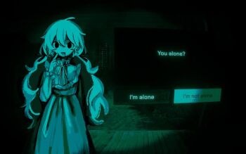 1girl :d charlotte_wiltshire dark dress drooling english_text finger_to_cheek hashtag-only_commentary hello_charlotte long_hair looking_at_viewer nabob night no_i'm_not_a_human open_mouth outdoors parody smile solo user_interface very_long_hair