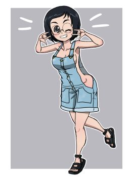 Rule 34 | 1girl, bikini, black hair, blush, breasts, cleavage, full body, girls und panzer, glasses, grey background, grey eyes, grin, katsuya megu, large breasts, looking at viewer, naked overalls, no bra, no panties, one eye closed, overalls, short hair, simple background, smile, solo, swimsuit, takahashi kurage, wink