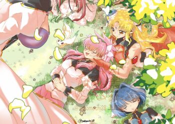 5girls angel_wing_uniform ankomochi28 blonde_hair blue_hair breasts brown_eyes china_dress chinese_clothes dress everyone facial_mark falling_petals flower forehead_mark forte_stollen galaxy_angel hair_flower hair_ornament highres large_breasts long_hair lying milfeulle_sakuraba mint_blancmanche monocle monocle_chain multiple_girls on_grass open_mouth out_of_frame outdoors petals pink_hair ranpha_franboise red_hair saliva short_hair sidelocks twitter_username vanilla_h watermark