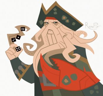 1boy arm_up artist_name black_coat black_hat blue_eyes closed_mouth coat commentary commentary_request davy_jones dice hat highres holding holding_dice looking_to_the_side male_focus pincers pirate pirate_hat pirates_of_the_caribbean renumur0 solo squid_boy tentacle_beard tentacles upper_body