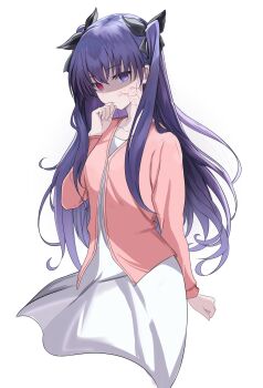 1girl alternate_universe corruption dress fate/stay_night fate_(series) heaven&#039;s_feel highres jacket long_hair matou_rin matou_sakura personality_switch pink_jacket purple_hair ribbon rin&#039;s_pendant_(fate) role_reversal scar scar_on_face shokobr tohsaka_rin two_side_up white_dress