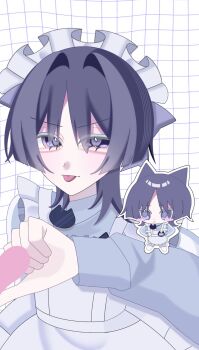 1boy amanenemimi cat-shaped_neckwear chibi frills genshin_impact half-heart_hands highres long_sleeves looking_at_viewer maid maid_headdress scaramouche_(genshin_impact) tongue tongue_out wanderer_(genshin_impact) white_background