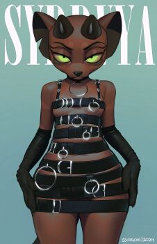 1girl 2024 artist_name bare_shoulders black_gloves breasts closed_mouth commentary cowboy_shot dark_skin elbow_gloves english_commentary furry furry_female gloves highres horns looking_at_viewer mouse_girl navel_peek o-ring original small_breasts smile solo syrvya yellow_eyes