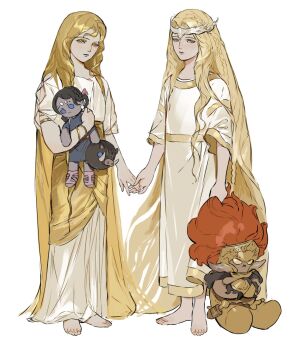 2boys androgynous apollo_(mythology) armlet armor artemis_(mythology) barefoot black_hair blonde_hair blue_tunic boar bracelet character_doll circlet closed_mouth crossed_arms doll elden_ring elden_ring:_shadow_of_the_erdtree expressionless full_body gold_armlet gold_bracelet gold_circlet greek_mythology highres holding holding_doll holding_hands jewelry long_hair looking_at_viewer male_focus miquella_(elden_ring) multiple_boys promised_consort_radahn red_hair rora_(auroradiation) short_hair siblings simple_background tunic white_background white_tunic x_mouth yellow_eyes