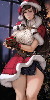 1girl black_hair blush breasts capelet christmas christmas_lights christmas_present christmas_tree closed_mouth feet_out_of_frame final_fantasy final_fantasy_vii final_fantasy_vii:_ever_crisis fingerless_gloves fur-trimmed_capelet fur-trimmed_headwear fur-trimmed_skirt fur_trim gift gloves hat highres holding holding_gift indoors knees large_breasts long_hair looking_at_viewer miniskirt mixed-language_commentary official_alternate_costume patreon_username pom_pom_(clothes) red_capelet red_eyes red_hat red_skirt santa_costume santa_hat signature skirt sleeveless sleeveless_turtleneck snowing solo sweater thighs tifa_lockhart tifa_lockhart_(fairy_of_the_holy_flame) turtleneck turtleneck_sweater wei_(promise_0820) white_sweater window