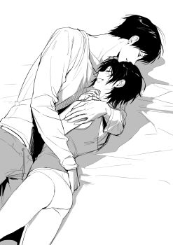 1boy 1girl a_mongs2 absurdres arm_around_shoulder arm_around_waist black_hair blush chainsaw_man closed_eyes grey_pants hayakawa_aki hetero highres himeno_(chainsaw_man) long_sleeves midriff_peek on_bed open_mouth panties pants parted_lips shirt short_hair sleeveless sleeveless_shirt smile sweatpants underwear white_panties white_shirt