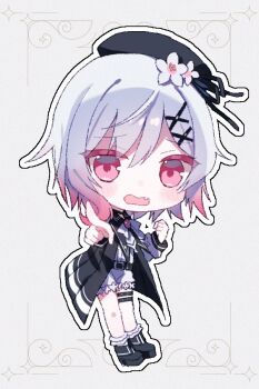 1girl beret black_hat black_shoes chibi chibi_only fang flower full_body gradient_hair hair_flower hair_ornament hat ichigoprin15 long_sleeves looking_at_viewer mahou_shoujo_no_majo_saiban multicolored_hair open_mouth outline pink_eyes pink_hair pointing pointing_at_viewer sakuraba_ema shoes short_hair shorts solo standing thigh_strap white_flower white_hair white_outline white_shorts x_hair_ornament