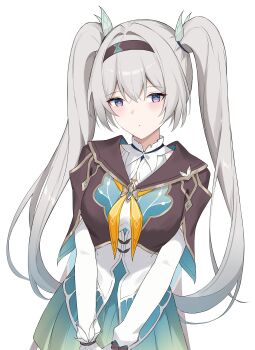 Rule 34 | 1girl, absurdres, alternate hairstyle, aqua skirt, black hairband, black jacket, blue pupils, breasts, commentary, cowboy shot, cropped jacket, english commentary, firefly (honkai: star rail), grey hair, hair between eyes, hair intakes, hairband, highres, honkai: star rail, honkai (series), jacket, long hair, long sleeves, looking at viewer, medium breasts, necktie, nicel, orange necktie, parted lips, purple eyes, shirt, skirt, solo, twintails, very long hair, white shirt