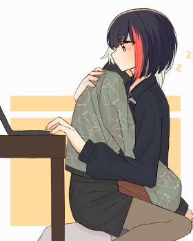 2girls absurdres aoba_moca bang_dream! black_hair black_shirt black_skirt brown_pantyhose commentary computer couple english_commentary highres hug laptop long_sleeves misawa_yuka mitake_ran multicolored_hair multiple_girls pantyhose pink_eyes red_hair shirt short_hair sitting sitting_on_person skirt sleeping streaked_hair white_hair yuri zzz