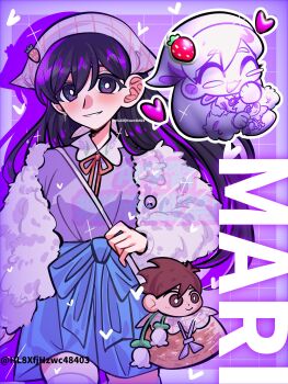 Rule 34 | 1girl, bag, black eyes, black hair, blush, bright pupils, character doll, character name, chibi, doll, flower, haiyang shengwu, handbag, heart, hero (faraway) (omori), hero (omori), highres, jacket, lily of the valley, long hair, long sleeves, looking at viewer, mari (birthday) (omori), mari (faraway) (omori), mari (omori), omori, parted lips, solo, stuffed toy, thighhighs, twitter username, watermark, white jacket, white pupils, white thighhighs