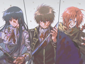 1girl 2boys :q ahoge black_hair black_jacket black_vest blood blood_on_clothes blood_on_face bloody_weapon blue_eyes braid braided_ponytail closed_mouth coat gintama grey_background grey_coat hair_between_eyes holding holding_sheath imai_nobume jacket kamui_(gintama) katana long_hair looking_at_viewer multiple_boys no_pupils oil-paper_umbrella okita_sougo orange_hair red_eyes ryocho_(shortin0903) sheath split_screen straight_hair sword tongue tongue_out umbrella unsheathing upper_body very_long_hair vest weapon