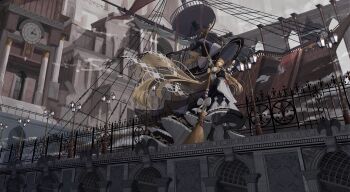 1girl absurdres analog_clock apron bespectacled black_hat black_skirt black_vest book boots bow bowtie braid broom brown_boots building clock closed_mouth commentary earrings embellished_costume glasses gloves grimoire hair_bow hat hat_bow high_heel_boots high_heels highres holding holding_book holding_broom jewelry kirisame_marisa lace-up_boots lamppost long_hair looking_at_viewer outdoors oversized_hat puffy_short_sleeves puffy_sleeves red_bow red_bowtie ship short_sleeves side_braid single_braid skirt solo touhou very_long_hair vest waist_apron walking watercraft white_apron white_bow white_gloves witch_hat yellow_eyes zhongxia_ye_zhi_meng