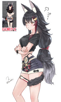1girl animal_ear_fluff animal_ears black_hair black_shirt blush closed_mouth commentary_request cropped_shirt crossed_arms denim denim_shorts from_side highres hololive low_ponytail navel ookami_mio ponytail shirt short_shorts short_sleeves shorts solo stomach tail tail_around_own_leg torokko virtual_youtuber wolf_ears wolf_girl wolf_tail yellow_eyes