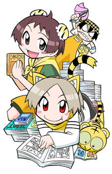 3girls :> angry animal_ear_fluff animal_ear_hood animal_ears animal_print apron bike_shorts black_eyes black_hair black_outline black_tail blush_stickers book book_stack bright_pupils brown_footwear bun_cover cleaning clenched_hand clenched_teeth closed_eyes closed_mouth closing_book coco_(toranoana) collared_shirt colored_inner_hair colored_sclera cub detached_hood double_bun double_horizontal_stripe employee_uniform fake_animal_ears fang full_body green_sclera green_shirt green_shorts green_sleeves grey_eyes grey_shorts hair_between_eyes hair_bun headscarf holding holding_manga hood horizontal-striped_sleeves horizontal-striped_thighhighs houndstooth kotora_(toranoana) light_brown_hair logo_print long_shirt long_sleeves looking_at_viewer lying manga_(object) mukku_(mook-tv) multicolored_hair multiple_girls neckerchief no_pupils nonbiri_kotora object_request official_art on_stomach open_book open_mouth orange_apron outline parted_bangs paw_print paw_shoes print_shirt reading red_eyes second-party_source shirt shoes short_hair short_sleeves shorts simple_background sitting small_pupils straight_hair striped_clothes striped_fur striped_shirt striped_sleeves striped_tail striped_thighhighs t-shirt tail tamako_(toranoana) teeth tenugui thighhighs tiger tiger_ears tiger_girl tiger_print tiger_tail tongue tora_da_yo. torana toranoana triple_horizontal_stripe turtleneck turtleneck_shirt very_short_hair white_background white_pupils white_shirt white_sleeves wide_sleeves wristband yellow_collar yellow_fur yellow_hood yellow_neckerchief yellow_tail yellow_thighhighs