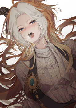 1girl animal_ears blue_eyes blush breasts brown_hair brown_shirt commentary_request ear_covers highres horse_ears long_hair medium_breasts multicolored_hair open_mouth orfevre_(casual)_(umamusume) orfevre_(umamusume) shirt single_ear_cover solo streaked_hair tongue tongue_out umamusume upper_body yue_(lov_n_n)