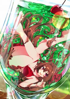 1girl absurdres bikini breasts brown_hair cherry daiwa_scarlet_(umamusume) food frilled_bikini frills fruit glass highres horse_girl kurokawa_heuy large_breasts long_hair looking_at_viewer oversized_object purple_eyes red_bikini submerged swimsuit umamusume underwater very_long_hair