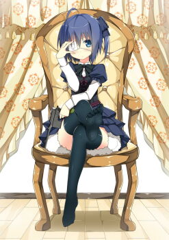 10s 1girl ahoge black_hair black_thighhighs blue_eyes blush chair chuunibyou_demo_koi_ga_shitai! crossed_legs dress eyepatch feet female_focus gun hair_ribbon handgun highres looking_at_viewer mauser_c96 no_shoes ribbon shiny_clothes short_hair side_ponytail sitting skirt sky-freedom soles solo takanashi_rikka thighhighs toe-point toes weapon